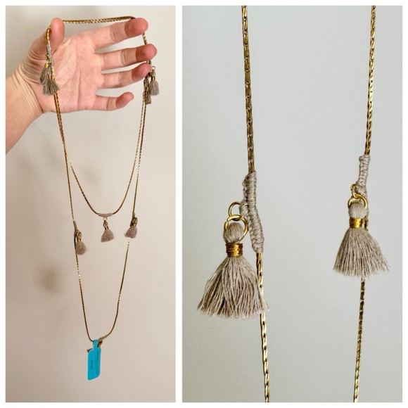 Anthropologie SHIRALEAH Lena Long Tassel Boho Wrap Necklace, Grey & Gold - Picture 6 of 12